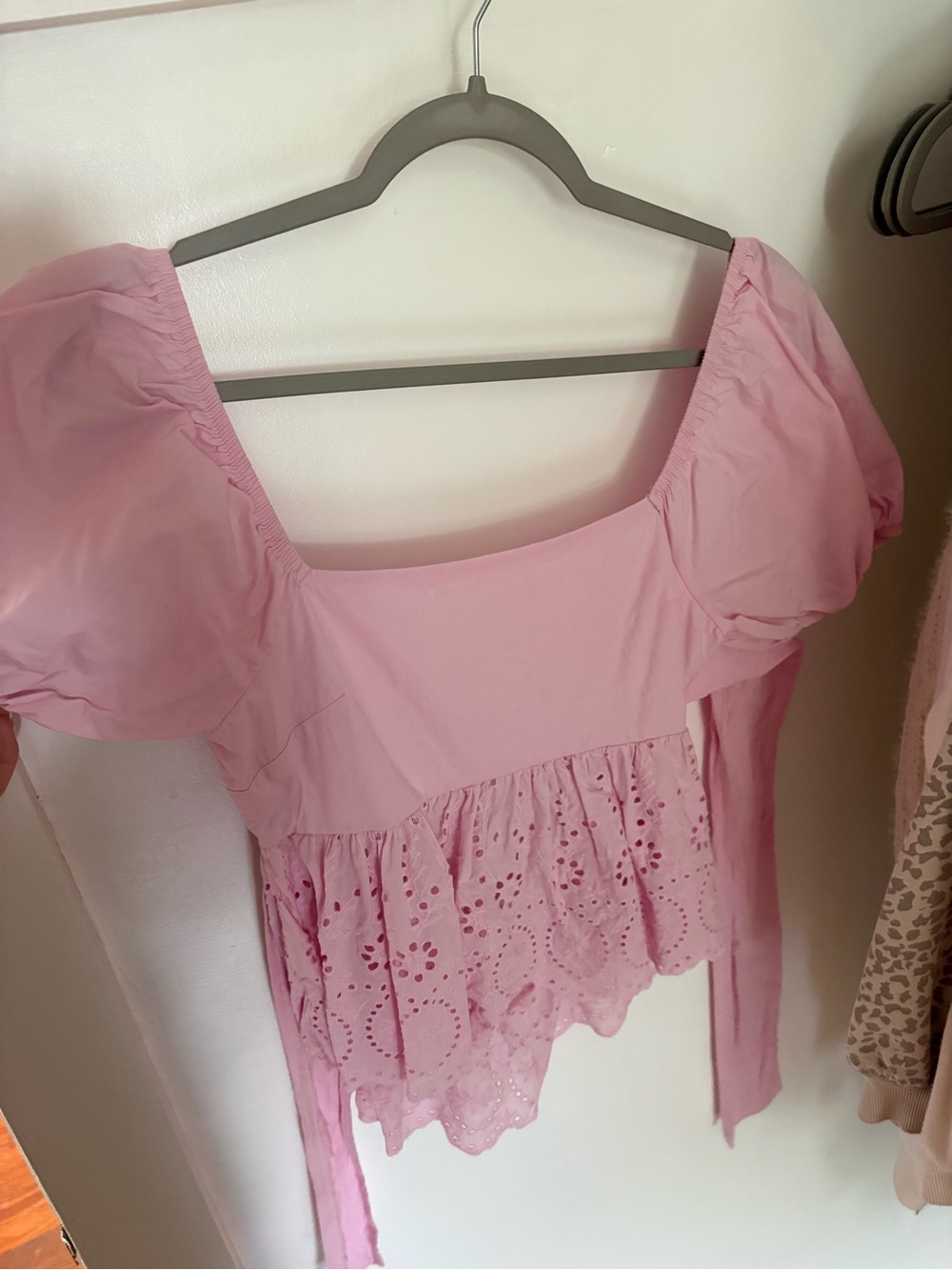 Altar'd State Pink Eyelet Peplum Puff-Sleeve Top